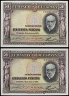 Lote 2 billetes 50 Pesetas. 22 Julio 1935. Ramón y Cajal. Serie A. Pareja correlativa. (Arruguitas). Ed-366a. SC.