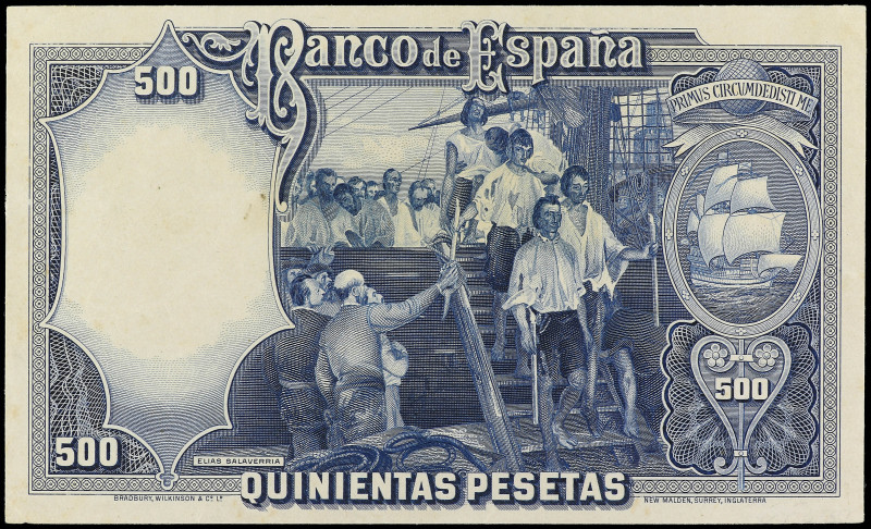 Prueba de reverso 500 Pesetas. (25 Abril 1931). Elcano. Prueba de color en azul....