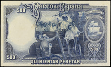 Prueba de reverso 500 Pesetas. (25 Abril 1931). Elcano. Prueba de color en azul. (Pequeñas dobleces en esquinas). RARO. Ed-361Pb; LB-145pa variante. E...