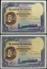 Lote 2 billetes 500 Pesetas. 7 Enero 1935. Hernán Cortés. Pareja correlativa. (Arrugas). Ed-365. SC-.