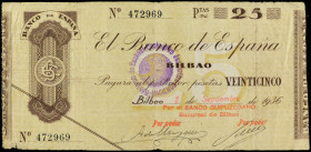 25 Pesetas. 1936. EL BANCO DE ESPAÑA: BILBAO. Antefirma: Banco Guipuzcoano. Con sello tampón de color violeta GOBIERNO DE EUZKADI - EUZKADIKO JAURIARI...