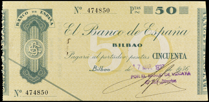 50 Pesetas. 1936. EL BANCO DE ESPAÑA: BILBAO. Antefirma: Banco de Vizcaya. (Arru...