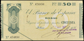 50 Pesetas. 1936. EL BANCO DE ESPAÑA: BILBAO. Antefirma: Banco de Vizcaya. (Arrugas, sin pliegues). RARO ASÍ. Ed-370a. (SC-).
