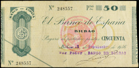 50 Pesetas. 1936. EL BANCO DE ESPAÑA: BILBAO. Antefirma: Banco de Bilbao. Con sello tampón de color rojo del Gobierno de Euzkadi para circular en Cata...