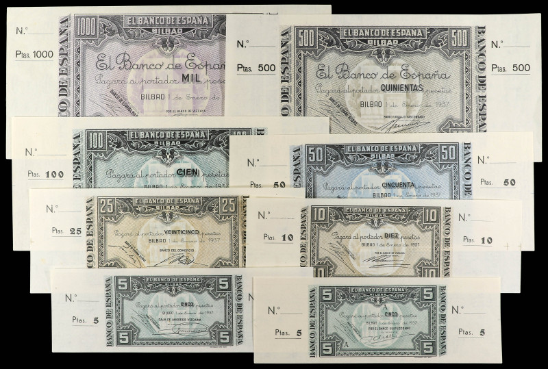 Serie 8 billetes 5 (2), 10, 25, 50, 100, 500 y 1.000 Pesetas. 1 Enero 1937. EL B...