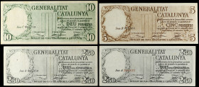 Serie 4 billetes 2, 50 (2), 5 y 10 Pesetas. 21 Setembre 1936. GENERALITAT DE CATALUNYA. 2,50 Pessetes con numeración roja y negra. (Manchitas del tiem...