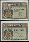 Lote 2 billetes 1 Peseta. 28 Febrero 1938. Serie G. Pareja correlativa. La Serie más rara de este billete. Ed-427b. SC.