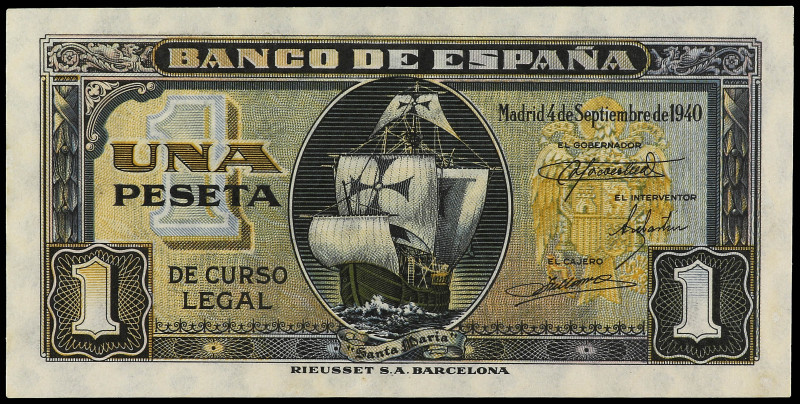 1 Peseta. 4 Septiembre 1940. Carabela. Sin Serie. (Papel algo tonalizado). Ed-44...