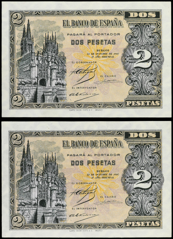 Lote 2 billetes 2 Pesetas. 12 Octubre 1937. Catedral de Burgos. Serie A. Pareja ...