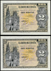 Lote 2 billetes 2 Pesetas. 12 Octubre 1937. Catedral de Burgos. Serie A. Pareja correlativa. (Esquinas algo tocadas). Ed-426. SC-.
