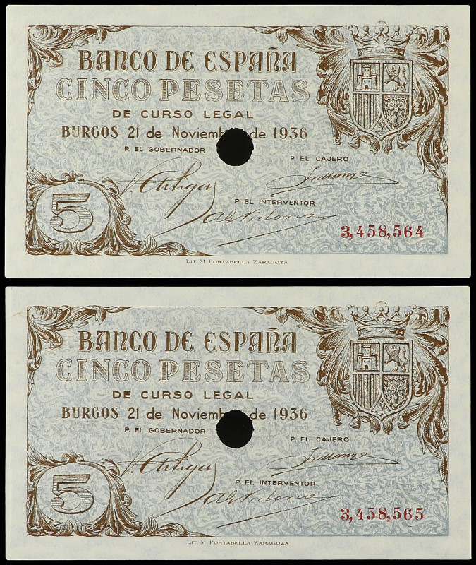 Lote 2 billetes 5 Pesetas. 21 Noviembre 1936. Pareja correlativa. Ambos con tala...