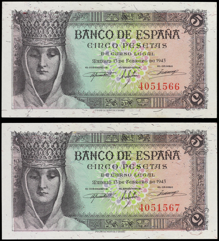 Lote 2 billetes 5 Pesetas. 13 Febrero 1943. Isabel `La Católica´. Sin Serie. Par...