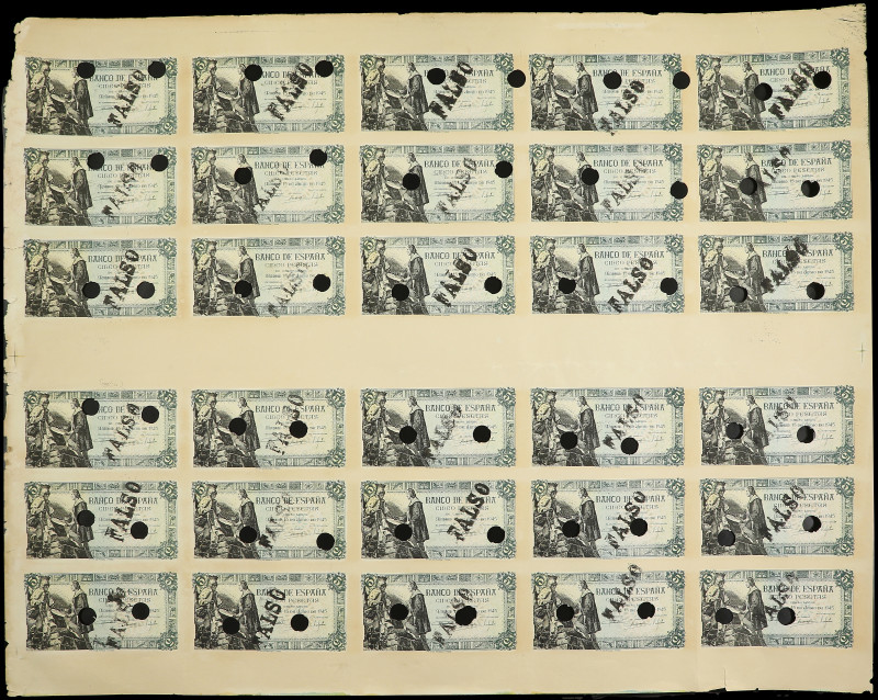 Bloque de 30 billetes 5 Pesetas. 15 Junio 1945. Capitulaciones de Santa Fe. Sin ...