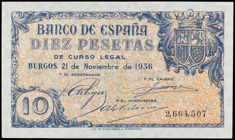 10 Pesetas. 21 Noviembre 1936. (Reparación en zona central del billete por posib...