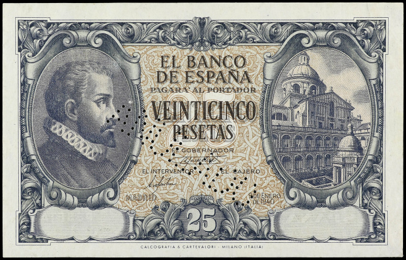 25 Pesetas. 9 Enero 1940. Herrera. Sin numeración y con ANULADO en taladro. Tipo...