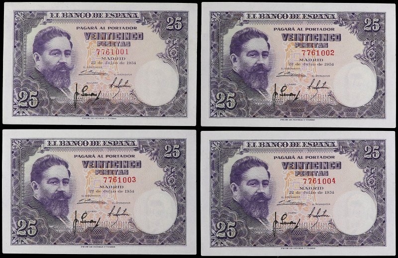 Lote 4 billetes 25 Pesetas. 22 Julio 1954. Albéniz. Sin Serie. Cuarteto correlat...