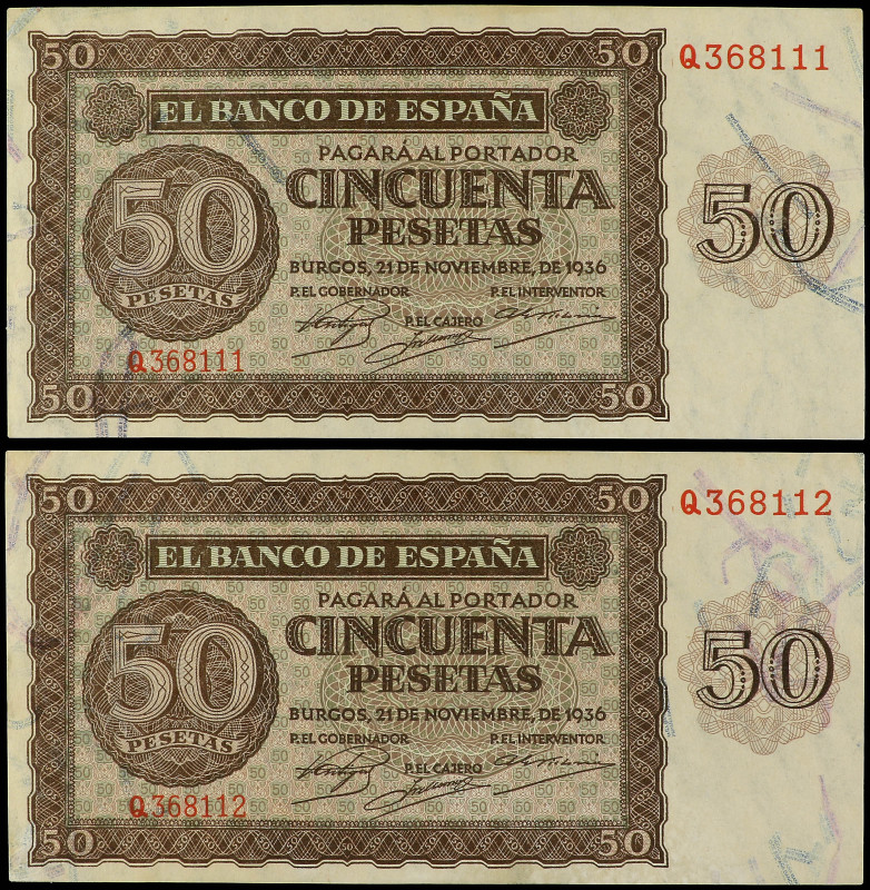 Lote 2 billetes 50 Pesetas. 21 Noviembre 1936. Serie Q. Pareja correlativa. (Lev...