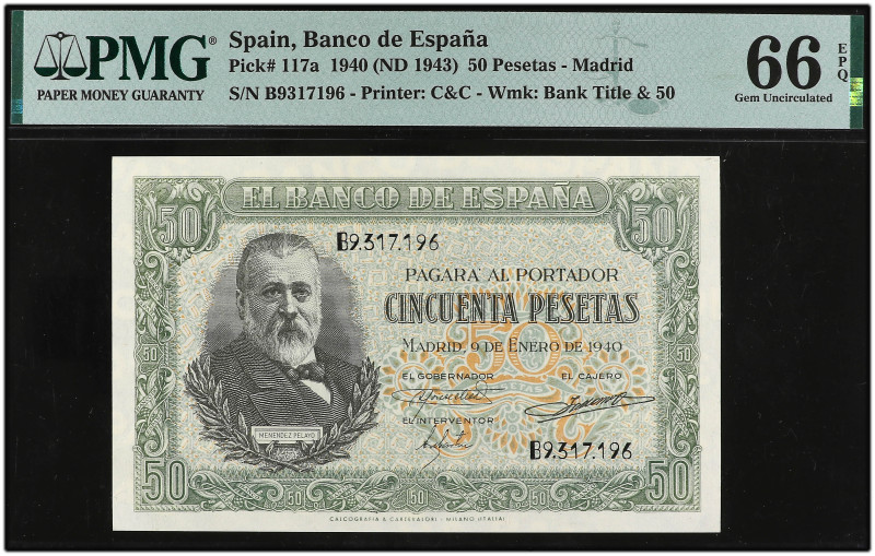 50 Pesetas. 9 Enero 1940. Precintado y garantizado por PMG como 66 GEM UNCIRCULA...