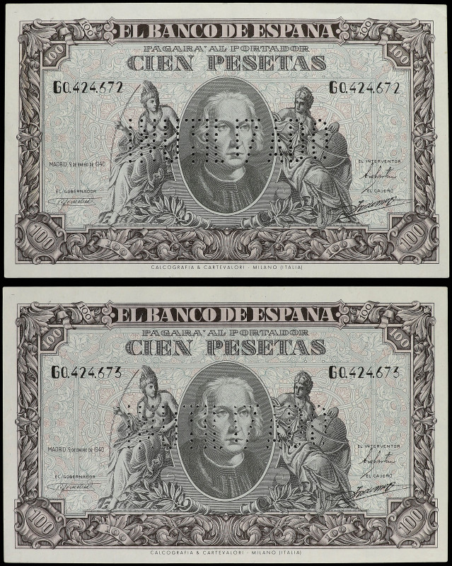 Lote 2 billetes 100 pesetas. 9 Enero 1940. Colón. Serie G. INUTILIZADO en taladr...