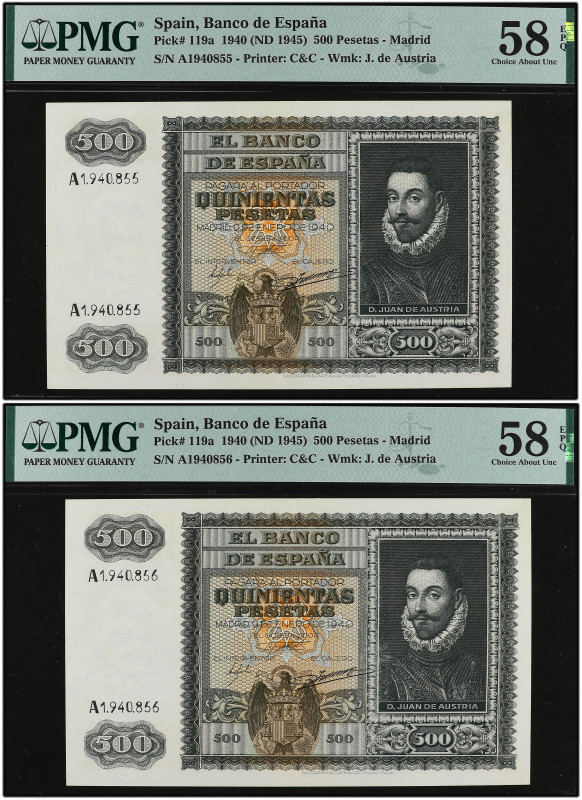 Lote 2 billetes 500 Pesetas. 9 Enero 1940. Precintados y garantizados por PMG 58...