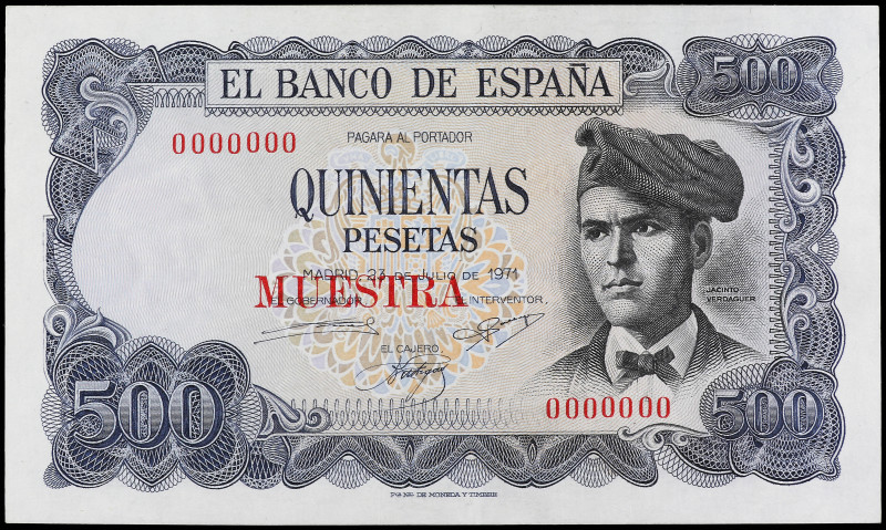 Muestra 500 Pesetas. 23 Julio 1971. Verdaguer. Numeración 0.000.000. MUESTRA est...