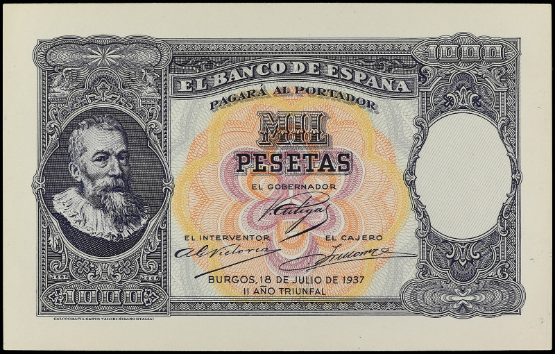 Prueba de anverso y reverso 1.000 Pesetas. 18 Julio 1937. Álvaro de Bazán. Batal...