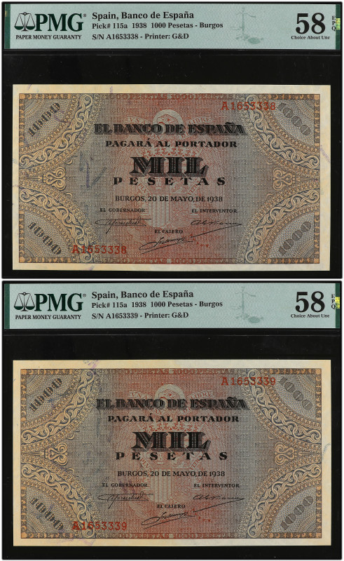 Lote 2 billetes 1.000 Pesetas. 20 Mayo 1938. Precintado y garantizado por PMG co...