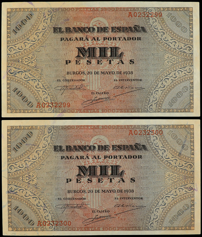 Lote 2 billetes 1.000 Pesetas. 20 Mayo 1938. Defensa del púlpito de San Agustín....