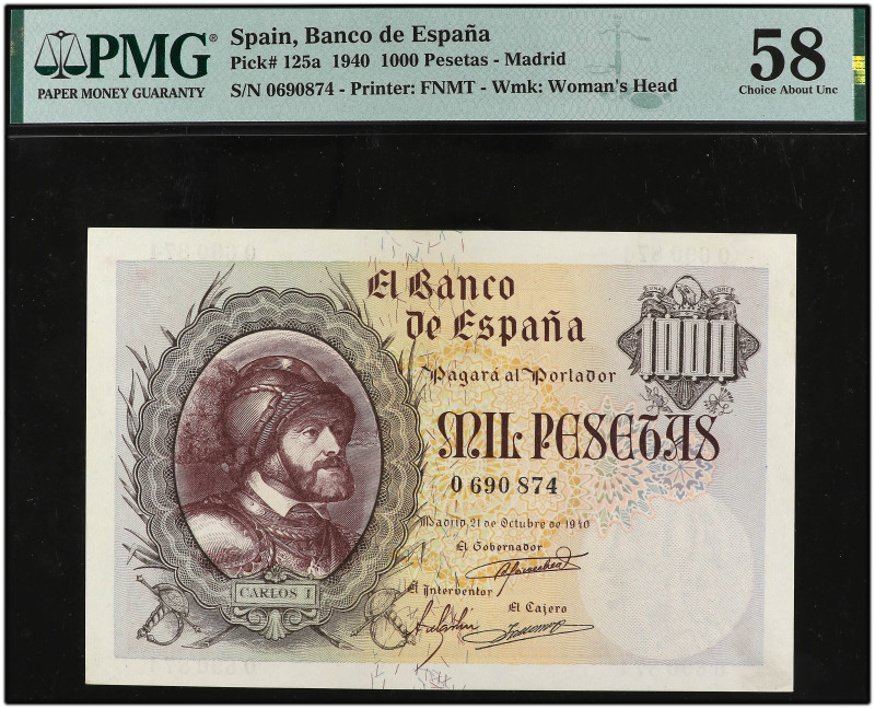 1.000 Pesetas. 21 Octubre 1940. Precintado y garantizado por PMG como 58 CHOICE ...