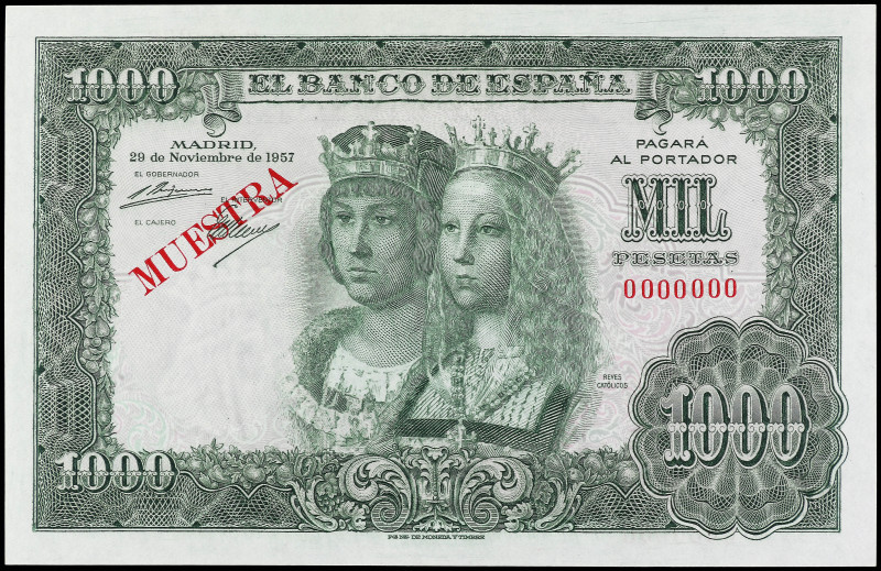 Muestra 1.000 Pesetas. 29 Noviembre 1957. Reyes Católicos. Numeración 0.000.000....