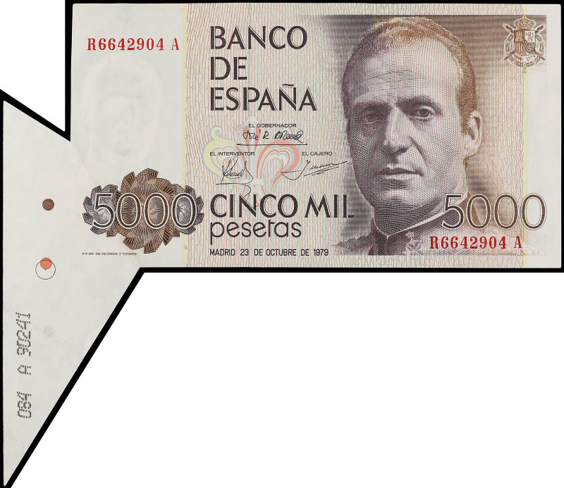 5.000 Pesetas. 23 Octubre 1979. Juan Carlos I. Serie R-A. ERROR: Gran fuelle en ...