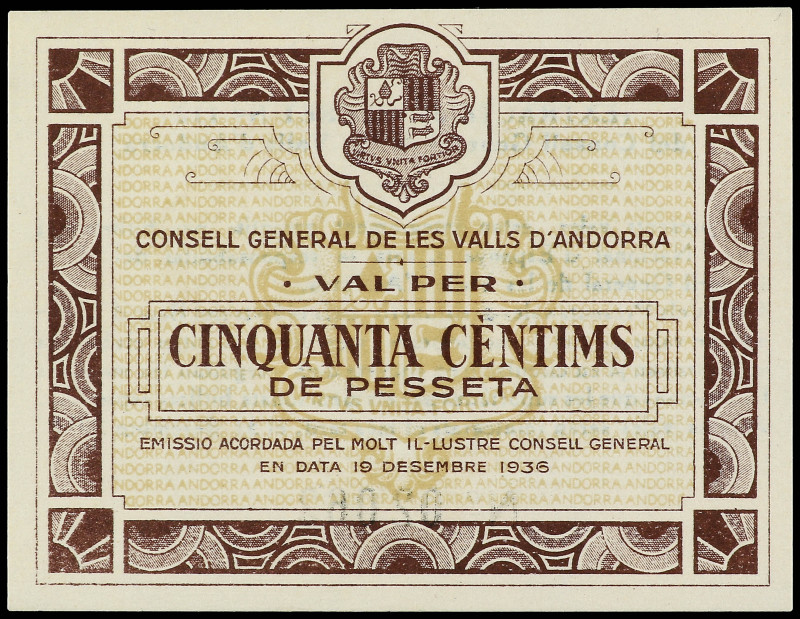 50 Cèntims. 19 Desembre 1936. CONSELL GENERAL DE LES VALLS D´ANDORRA. Emisión ma...