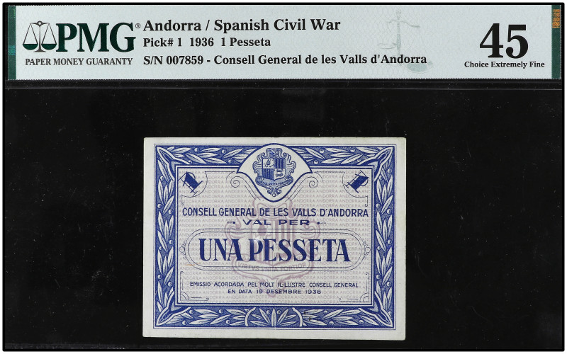 1 Pesseta. 19 esembre 1936. CONSELL GENERAL DE LES VALLS D´ANDORRA. Precintado y...