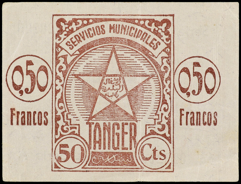 0, 50 Francos. Agosto 1942. TANGER. SERVICIO MUNICIPALES. Serie A. Emisión de em...