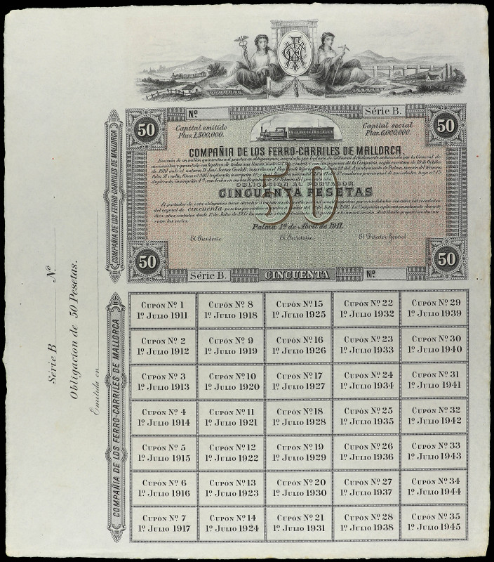 Obligación al portador de 50 Pesetas. 1 Abril 1911. COMPAÑÍA DE LOS FERROCARRILE...