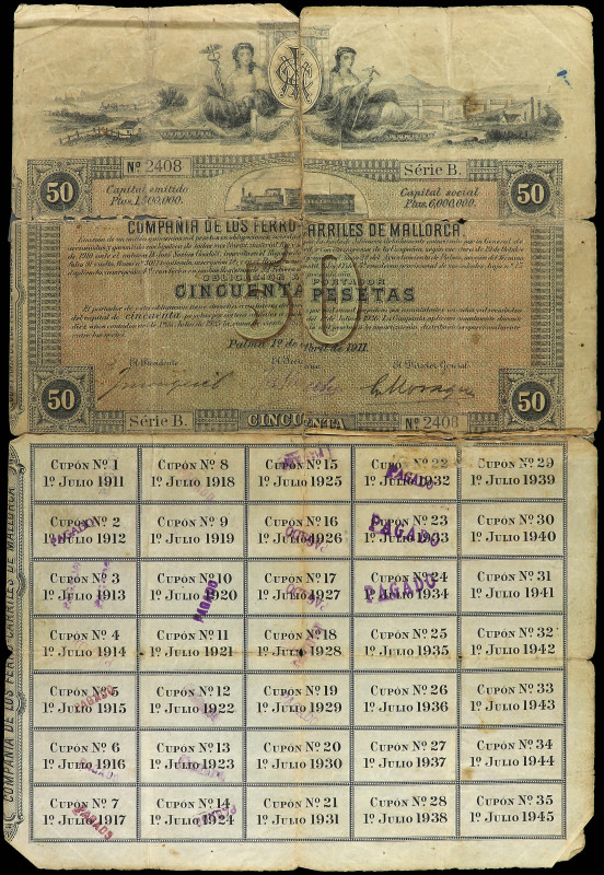 Obligación al portador 50 Pesetas. 1 Abril 1911. COMPAÑÍA DE LOS FERROCARRILES D...