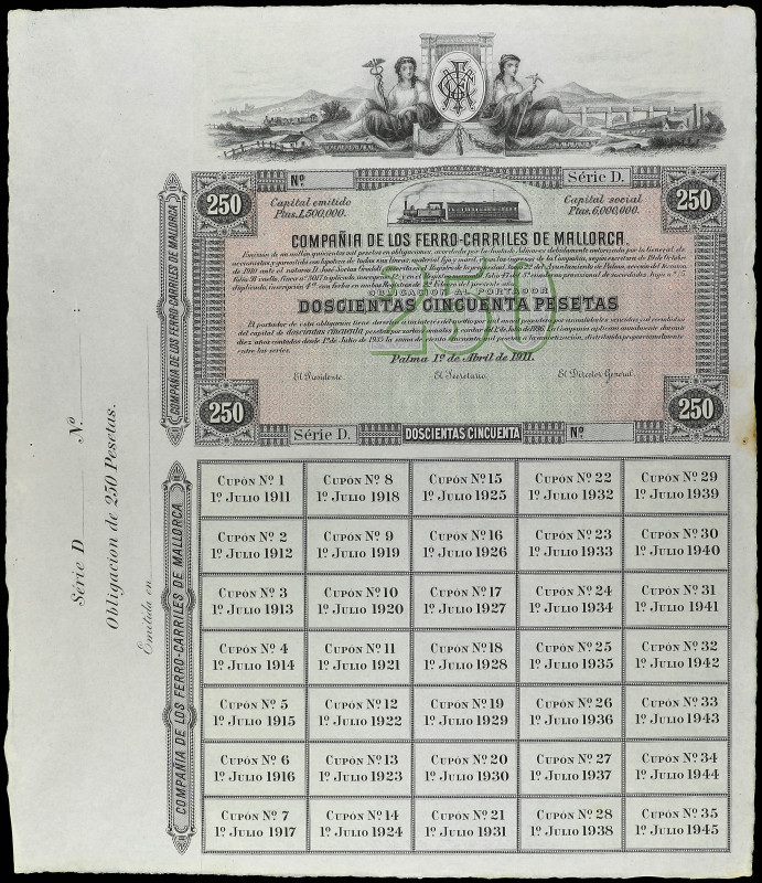 Obligación al portador de 250 Pesetas. 1 Abril 1911. COMPAÑÍA DE LOS FERROCARRIL...