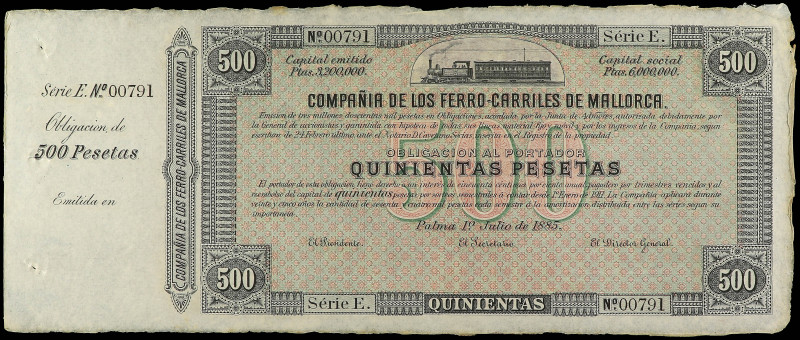 Obligación al portador 500 Pesetas. 1 Julio 1885. COMPAÑÍA DE LOS FERROCARRILES ...