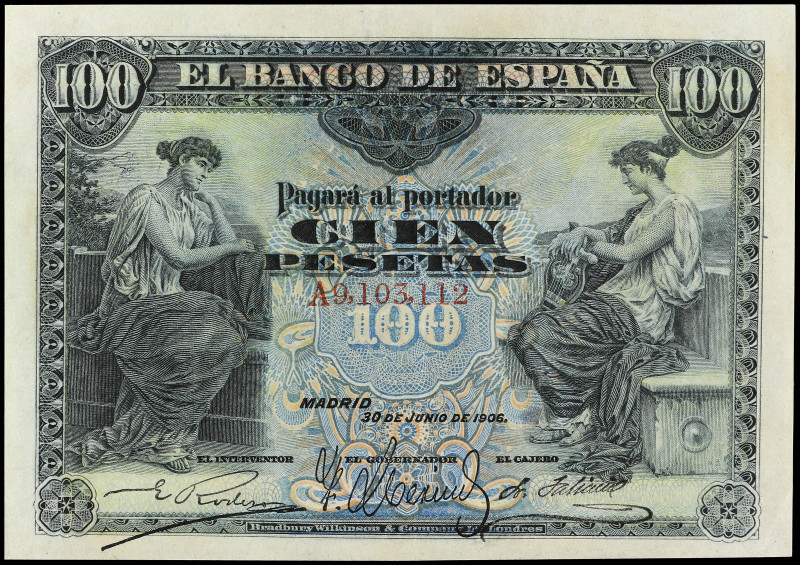 100 Pesetas. 30 Junio 1906. Serie A. (Dos pliegues). Ed-313a. EBC-.