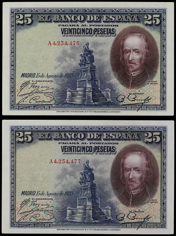 Lote 2 billetes 25 Pesetas. 15 Agosto 1928. Calderón. Serie A. Pareja correlativ...