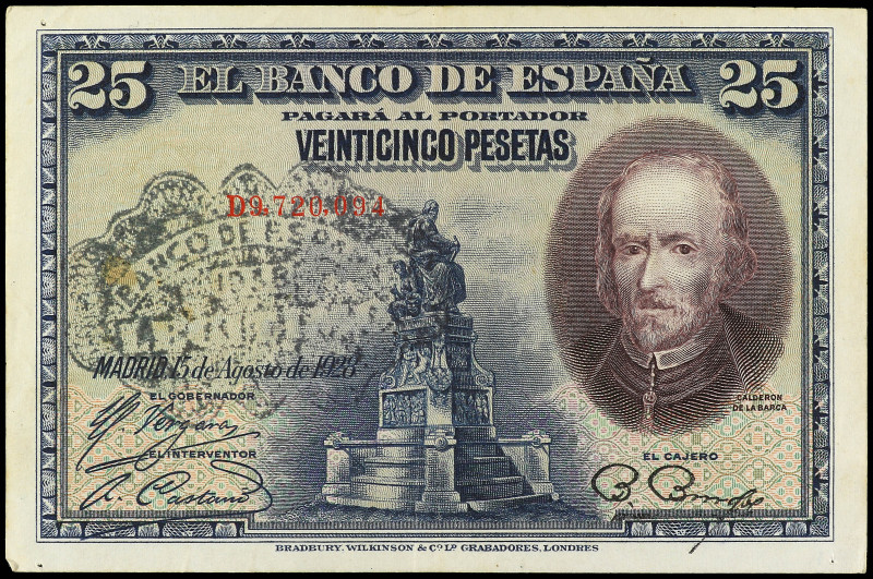 25 Pesetas. 15 Agosto 1928. Calderón de la Barca Serie D. Sello tampón BANCO DE ...