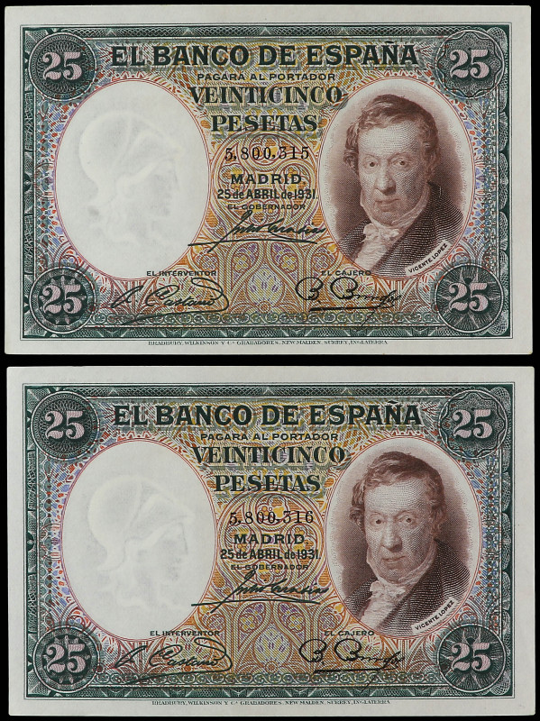 Lote 2 billetes 25 Pesetas. 25 Abril 1931. Vicente López. Pareja correlativa. (E...