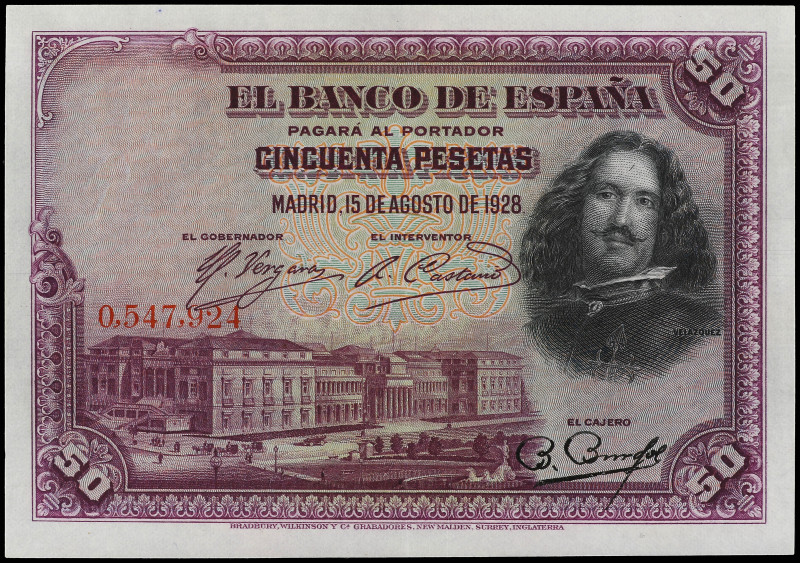 50 Pesetas. 15 Agosto 1928. Velazquez. Sin Serie. Ed-329. EBC+.