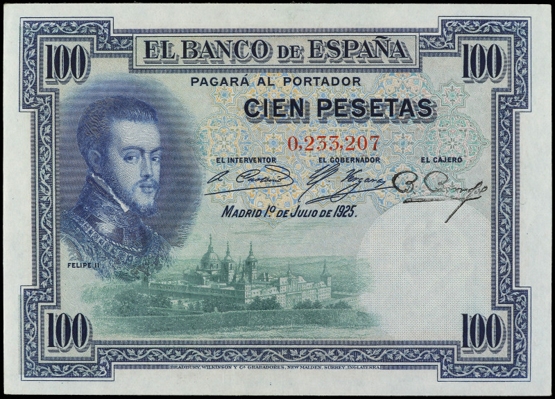 100 Pesetas. 1 Julio 1925. Felipe II. Sin Serie. Ed-323. EBC.