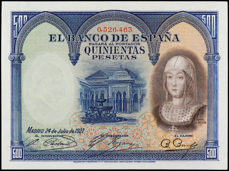 500 Pesetas. 24 Julio 1927. Isabel ´La católica´. (Arruguitas). Ed-327. EBC.