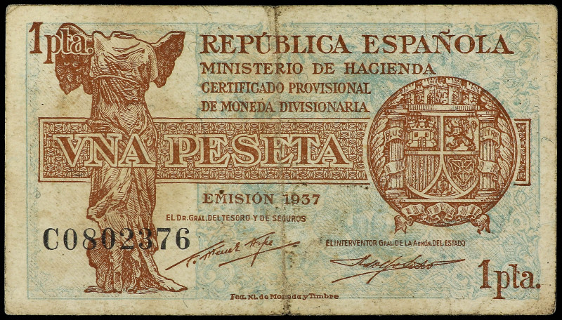 1 Peseta. Emisión 1937. Serie C. (Sucio). Ed-392a. MBC-.