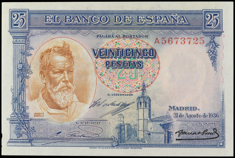 25 Pesetas. 31 Agosto 1936. Sorolla. Serie A. (Pequeña falta de papel en margen ...