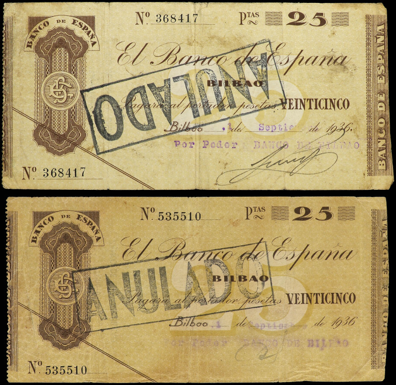 Lote 2 billetes 25 Pesetas. 1936. EL BANCO DE ESPAÑA: BILBAO. Antefirma Banco de...