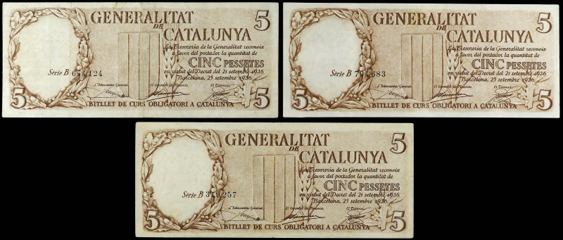 Lote 3 billetes 5 Pessetes. 21 Setembre 1936. GENERALITAT DE CATALUNYA. A EXAMIN...