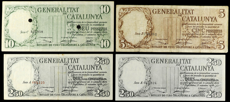 Serie 4 billetes 2, 50 (2), 5 y 10 Pesetas. 21 Setembre 1936. GENERALITAT DE CAT...